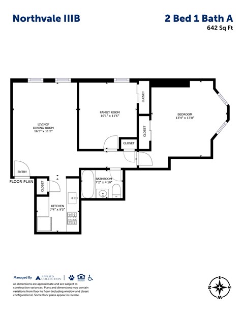 Floor plan for 2 beds, 1 bath, 642 sqft